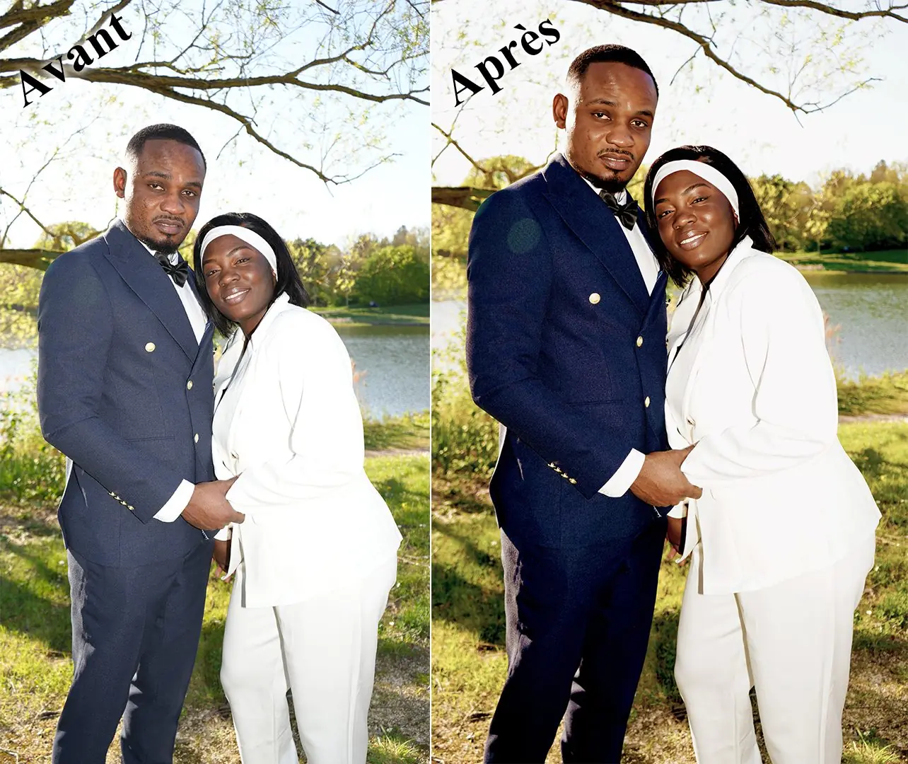 Retouche photo avant apres couple bord lac