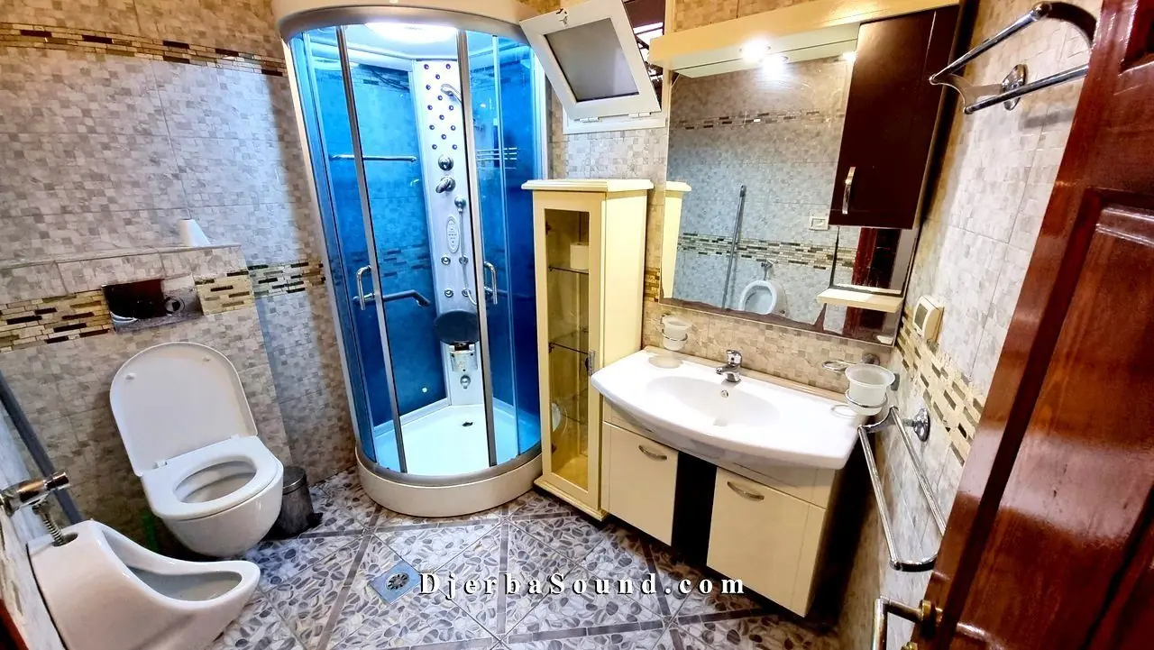 Location villa djerba piscine jacuzzi salle de bain douche hydromassante tezdaine
