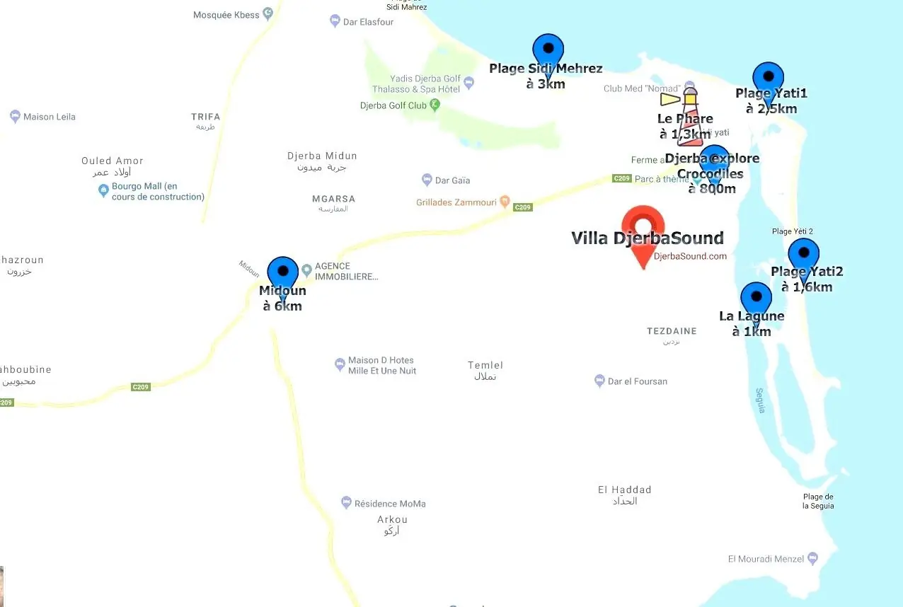 Location villa djerba piscine jacuzzi distances plages yeti sidi mehrez midoun