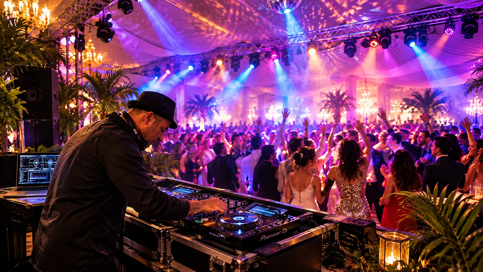 DJ Anouar aux platines devant une salle de mariage qui danse
