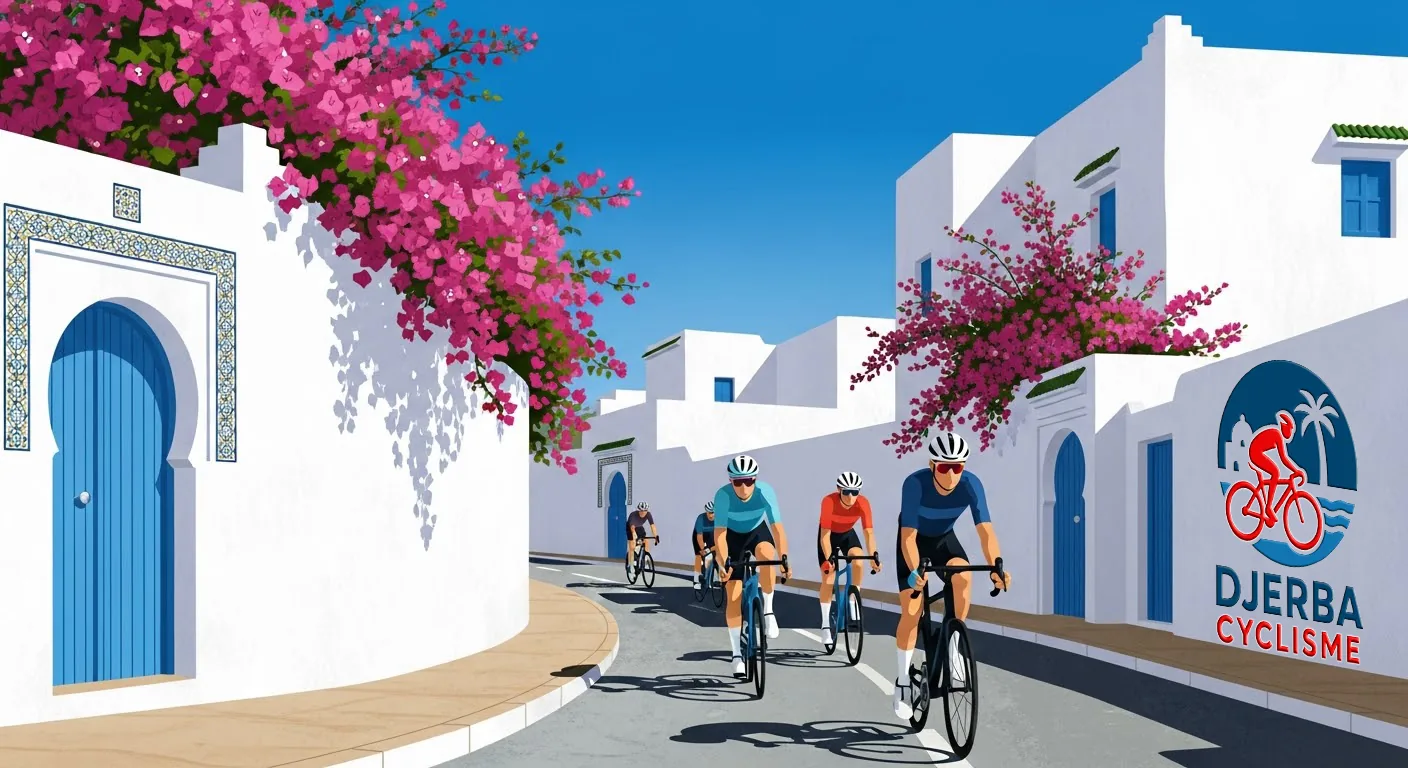 Des cyclistes roulent le long de murs blancs, de portes bleues et de bougainvilliers à Djerba