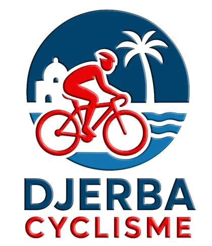 Logo Djerba Cyclisme : un cycliste rouge devant la mer et un palmier